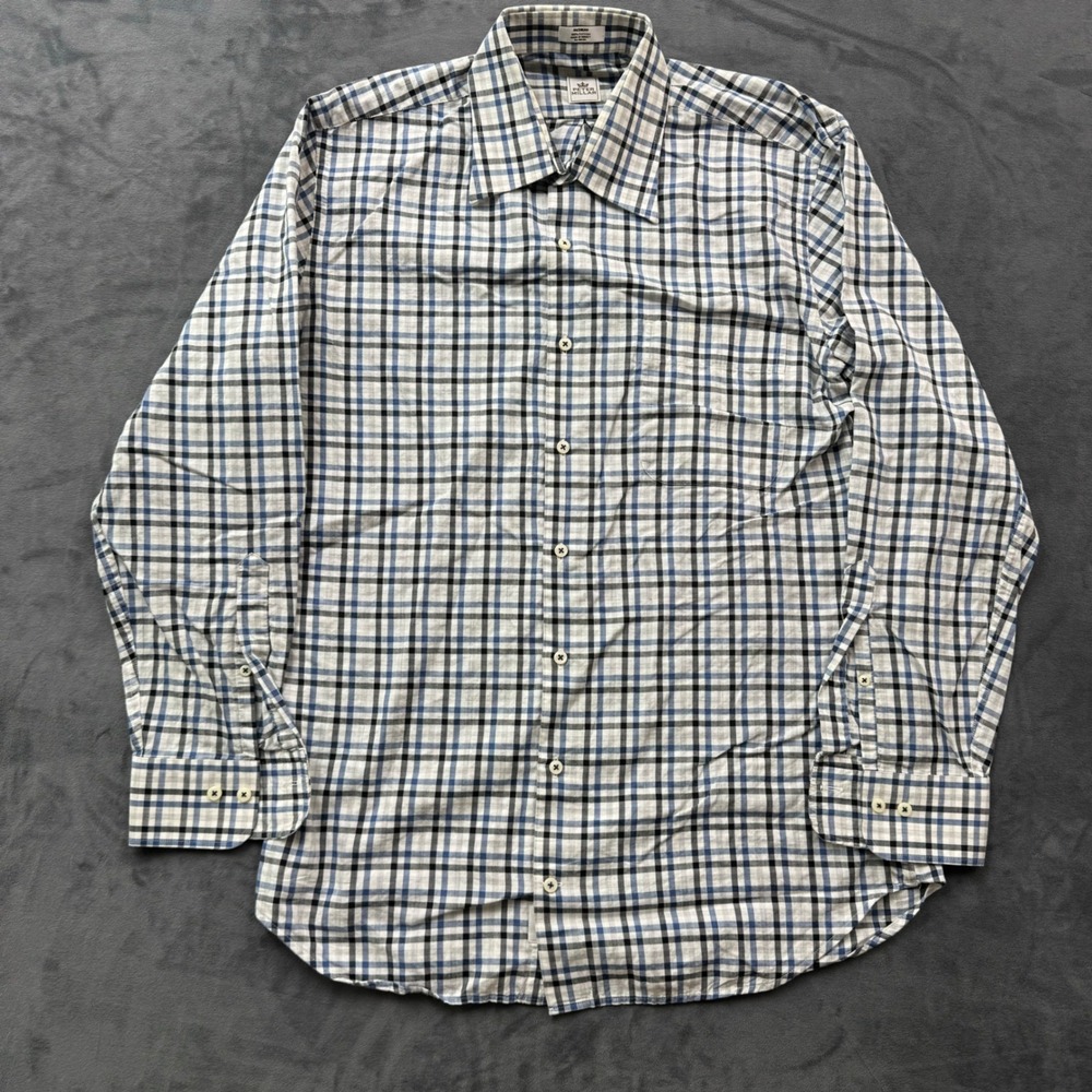 Peter Millar Mens Medium Blue Black Plaid Cotton Long Sleeve Button Down Shirt